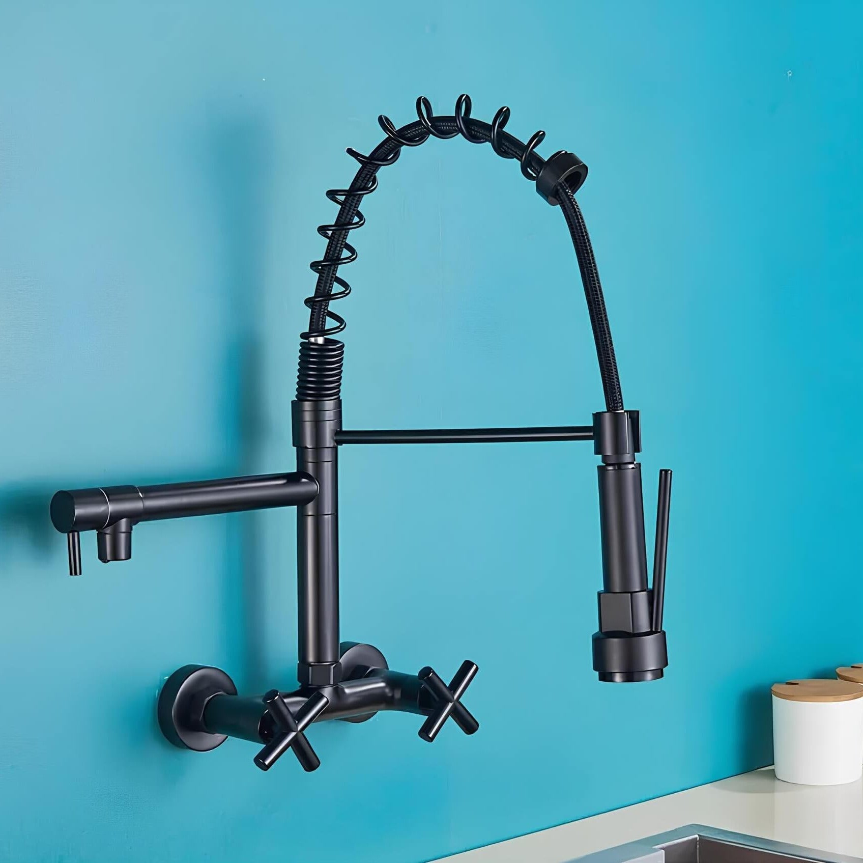 Industrial wall-mount kitchen faucet with pull-down sprayer and dual handles