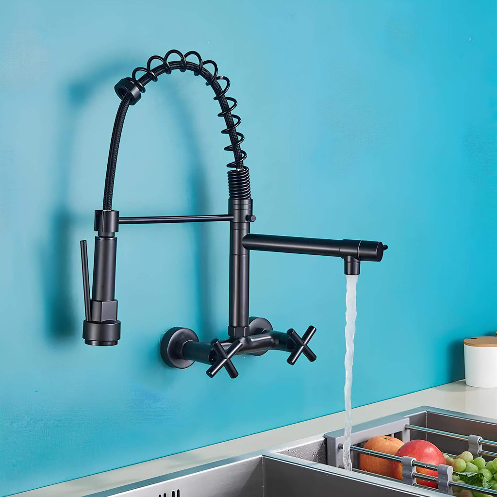 Industrial wall-mount kitchen faucet with pull-down sprayer and dual handles