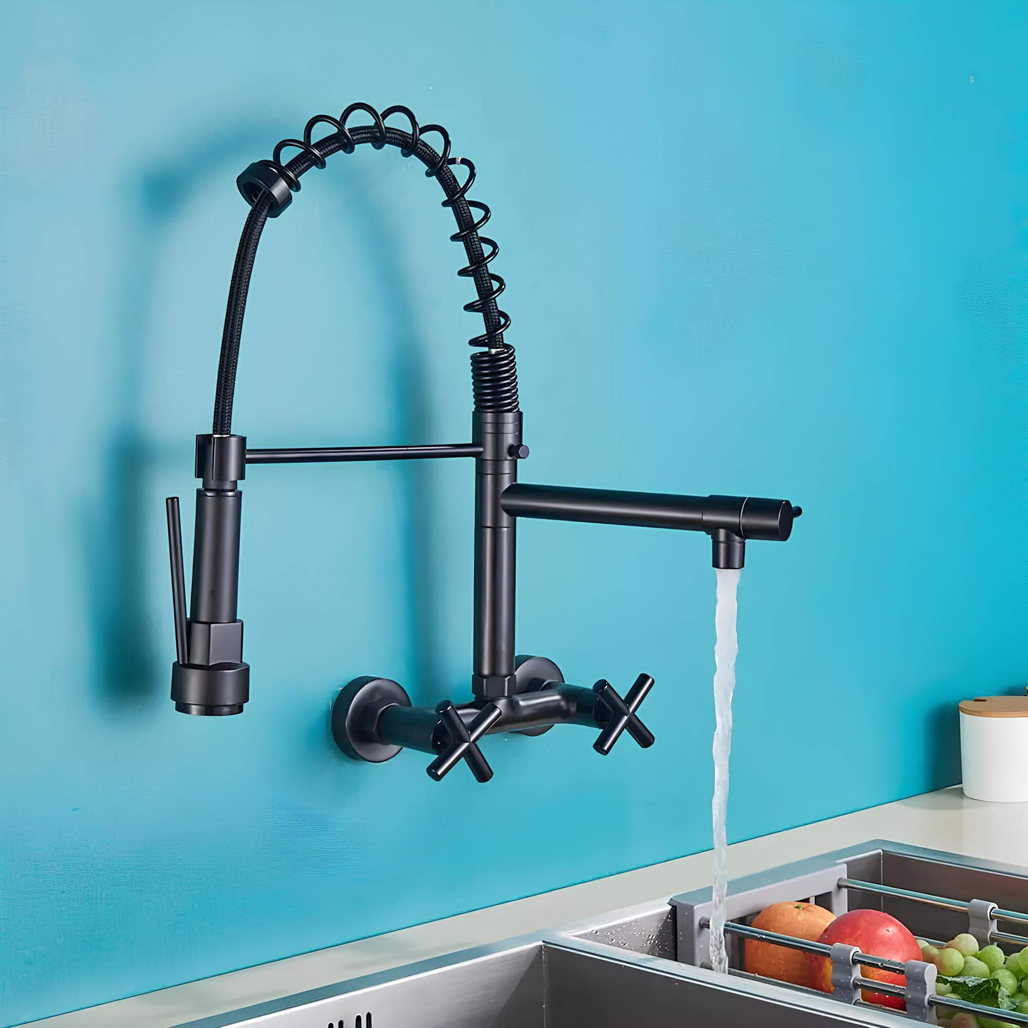 Industrial wall-mount kitchen faucet with pull-down sprayer and dual handles