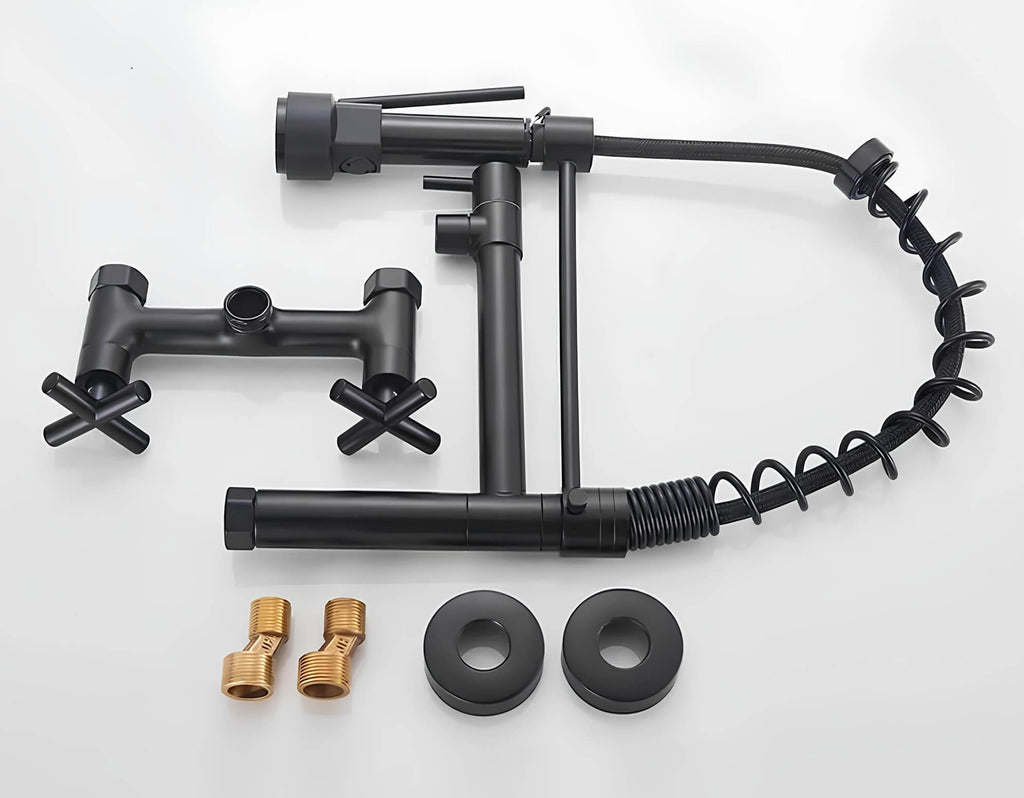 Industrial wall-mount kitchen faucet with pull-down sprayer and dual handles