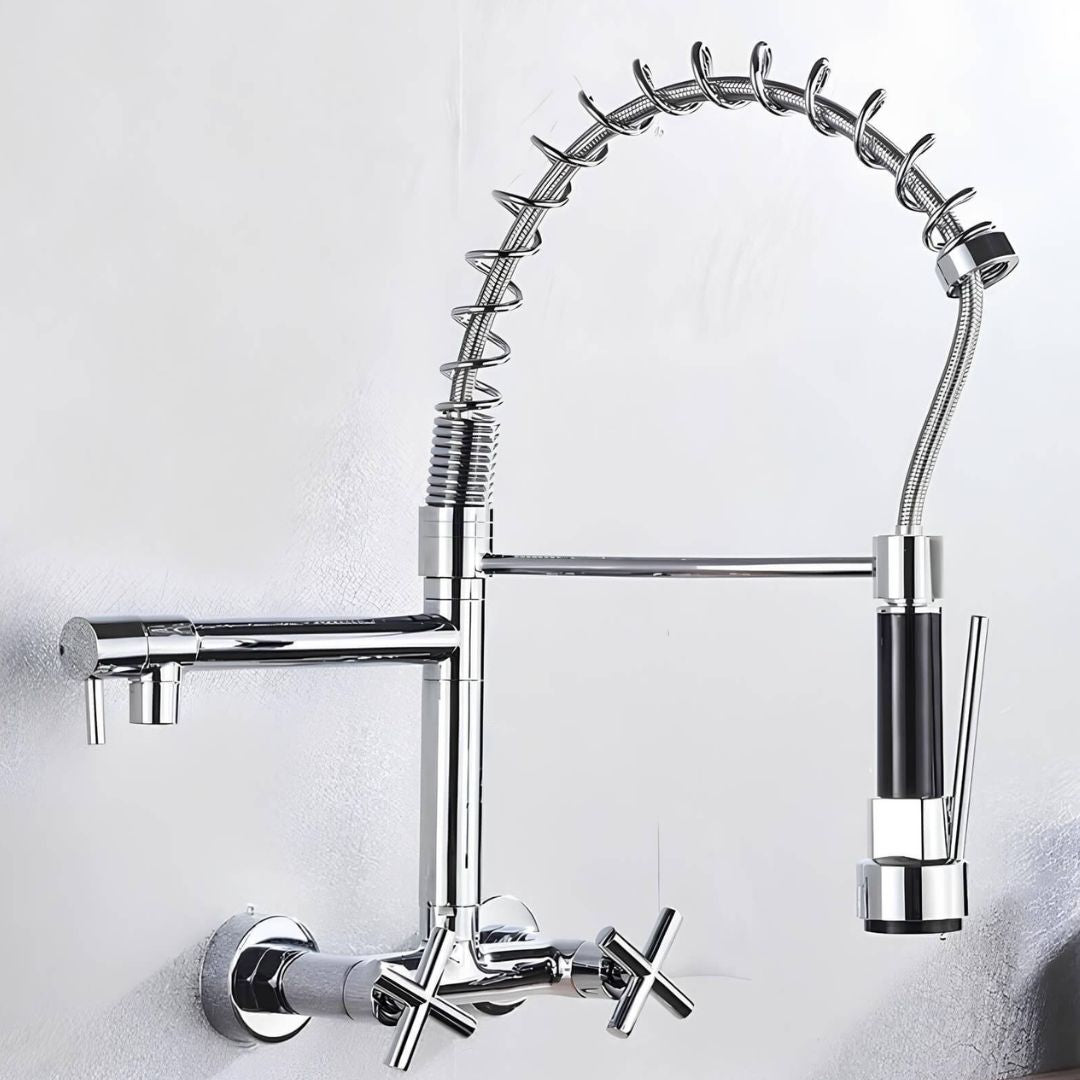 Industrial wall-mount kitchen faucet with pull-down sprayer and dual handles