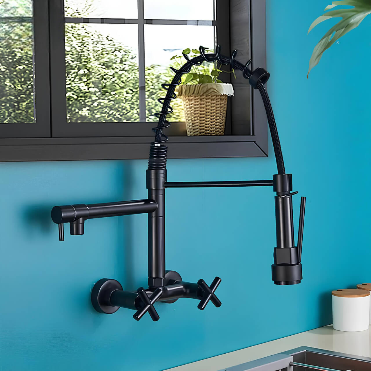 Industrial wall-mount kitchen faucet with pull-down sprayer and dual handles