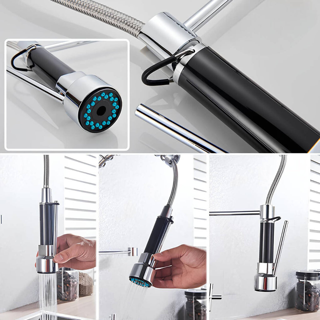 Industrial wall-mount kitchen faucet with pull-down sprayer and dual handles