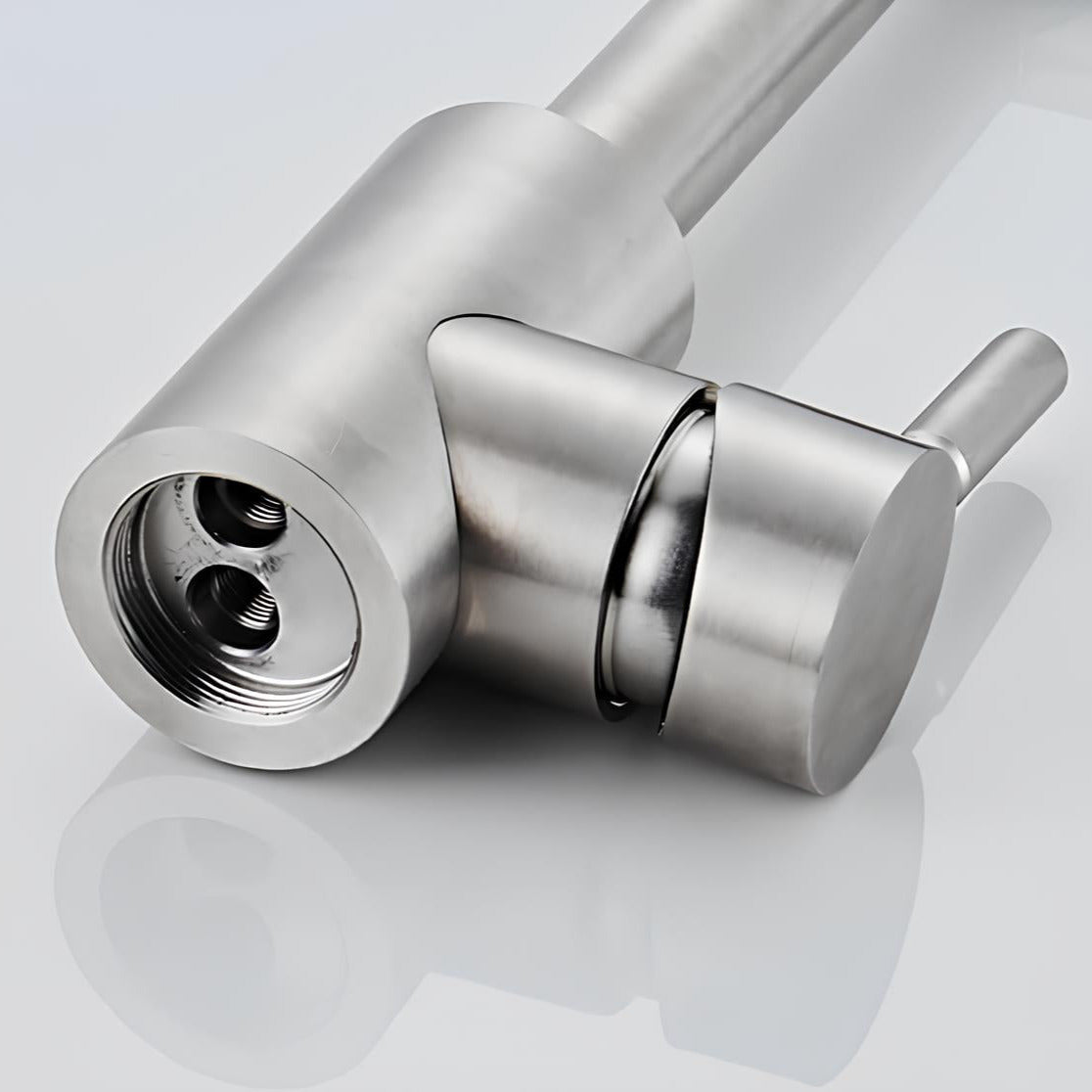 360° swivel folding kitchen faucet in lead-free brushed stainless steel