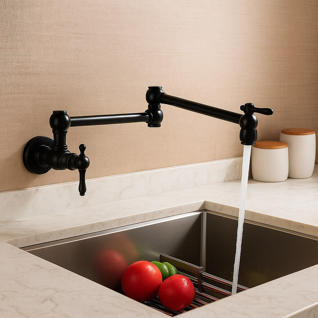 Folding cold water kitchen faucet in brass with five finish options