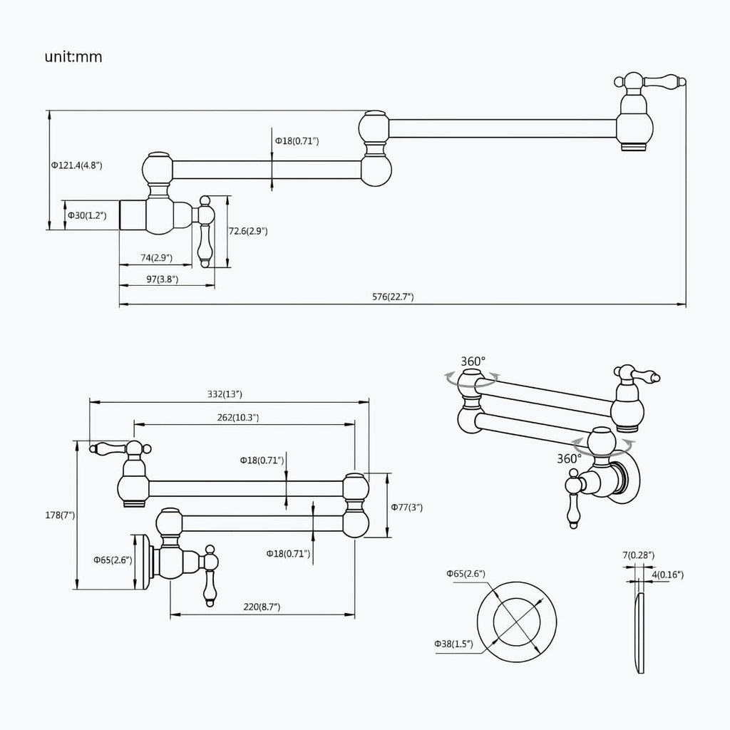 Folding cold water kitchen faucet in brass with five finish options