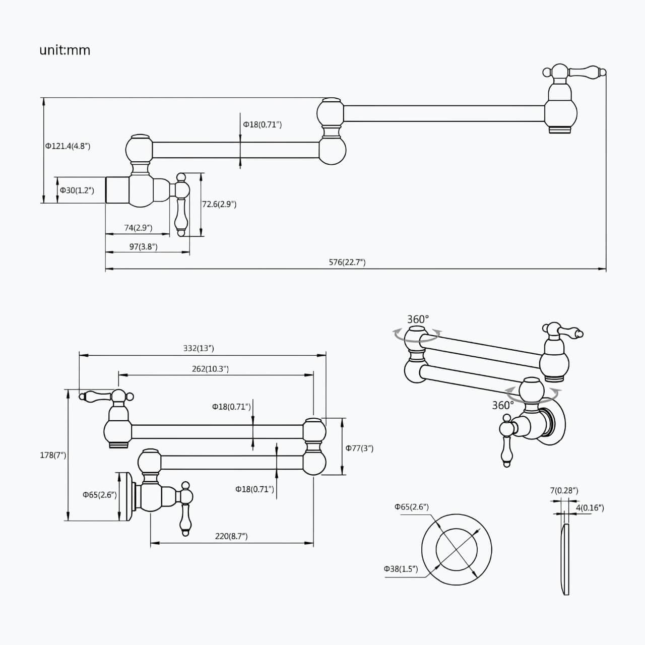 Folding cold water kitchen faucet in brass with five finish options