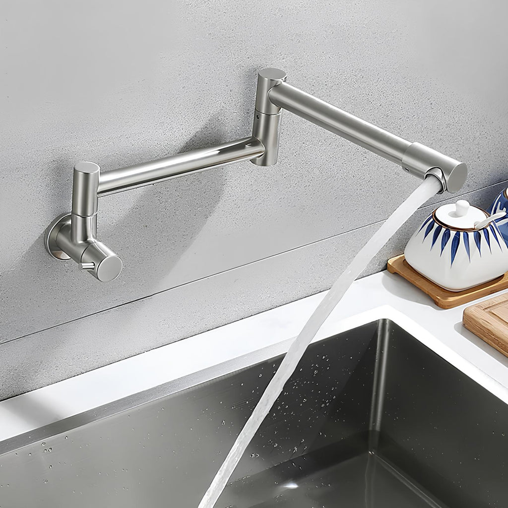 Concealed wall-mount folding kitchen faucet in brushed stainless steel