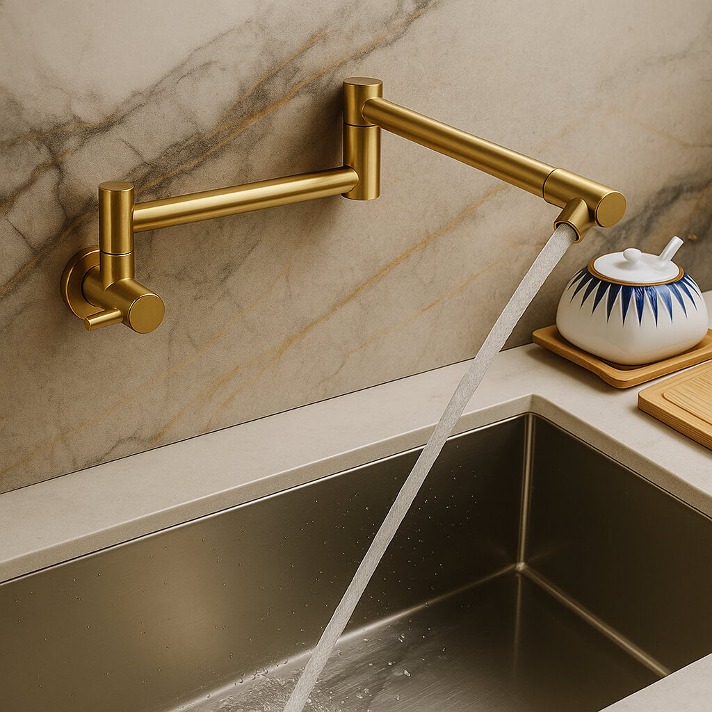 Concealed wall-mount folding kitchen faucet in brushed stainless steel