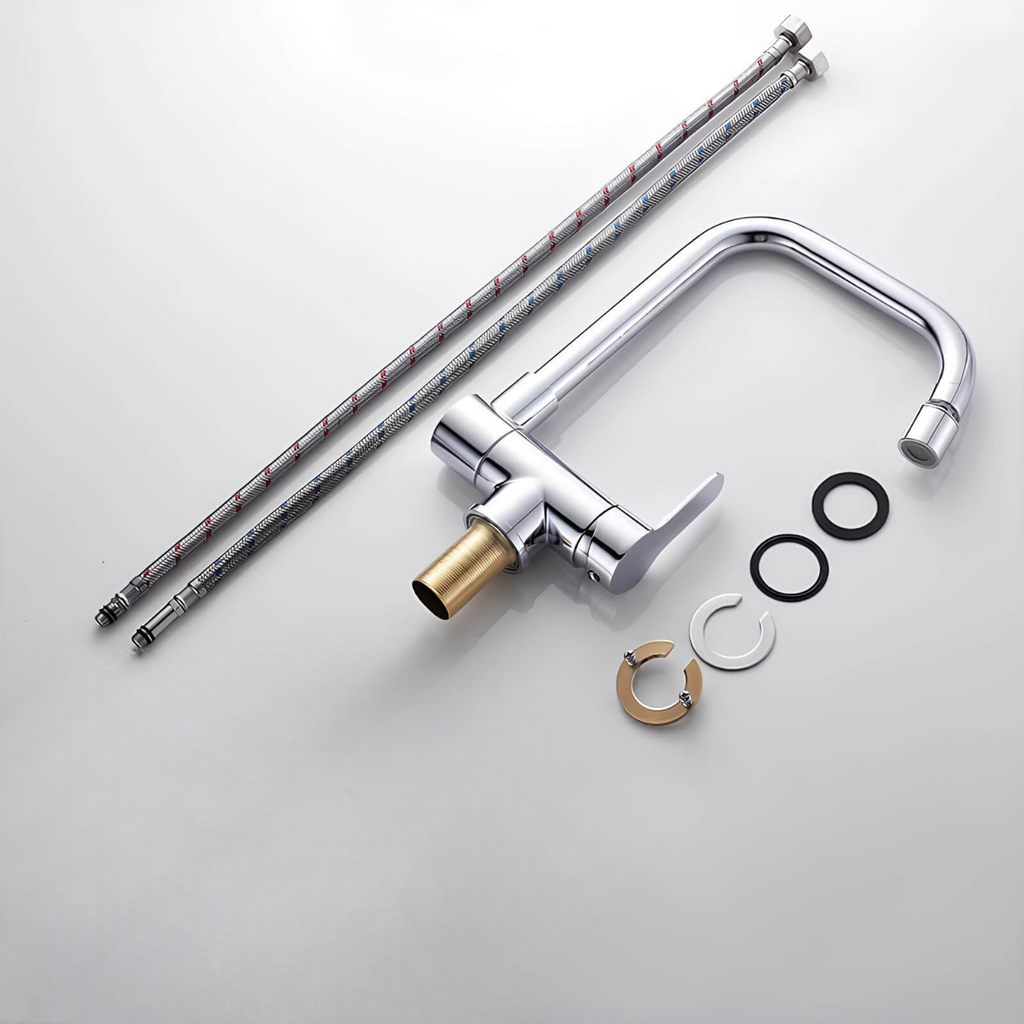 Compact folding kitchen faucet with flexible dual-spray spout