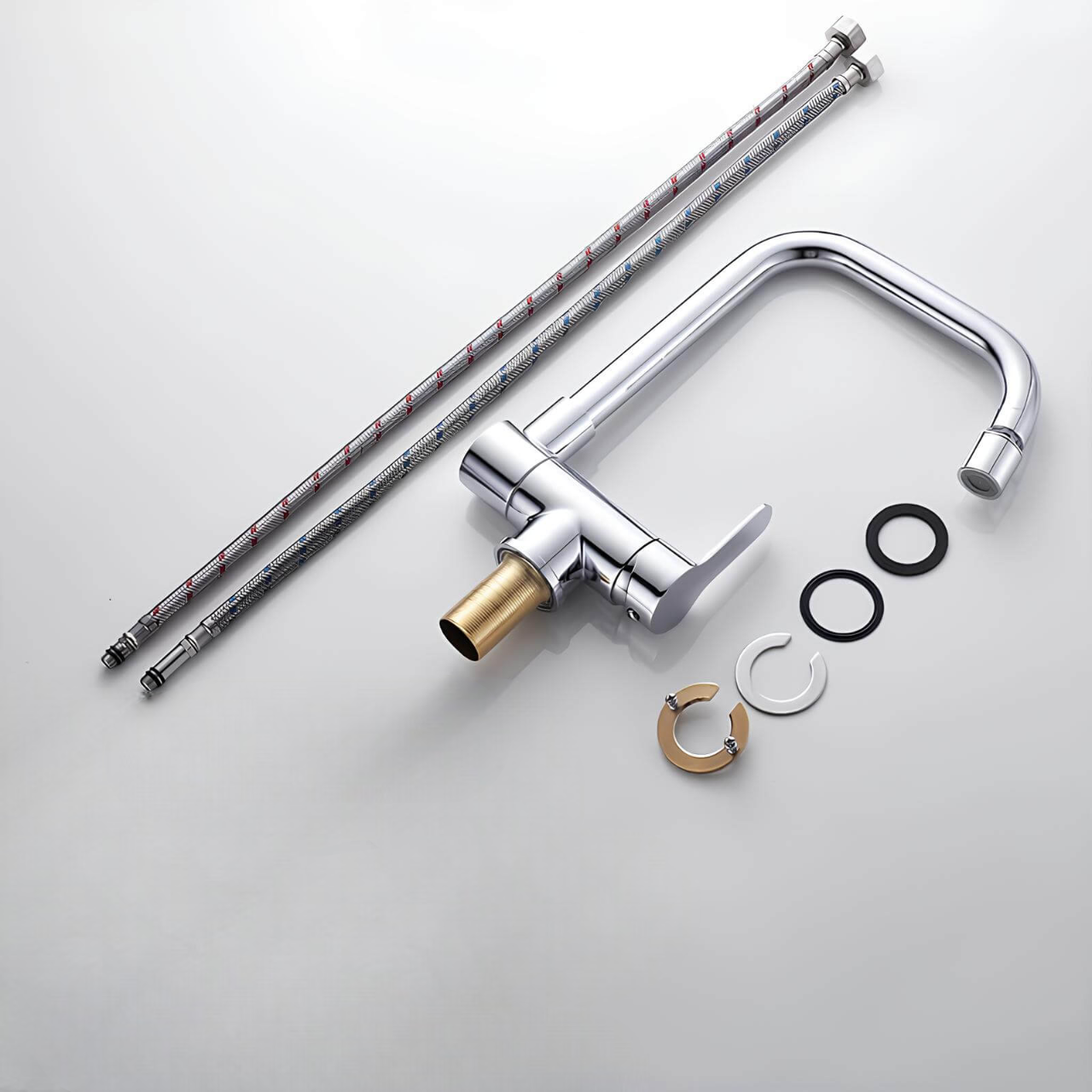 Compact folding kitchen faucet with flexible dual-spray spout