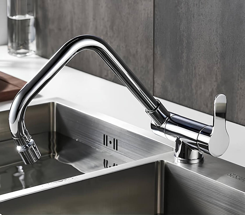 Compact folding kitchen faucet with flexible dual-spray spout