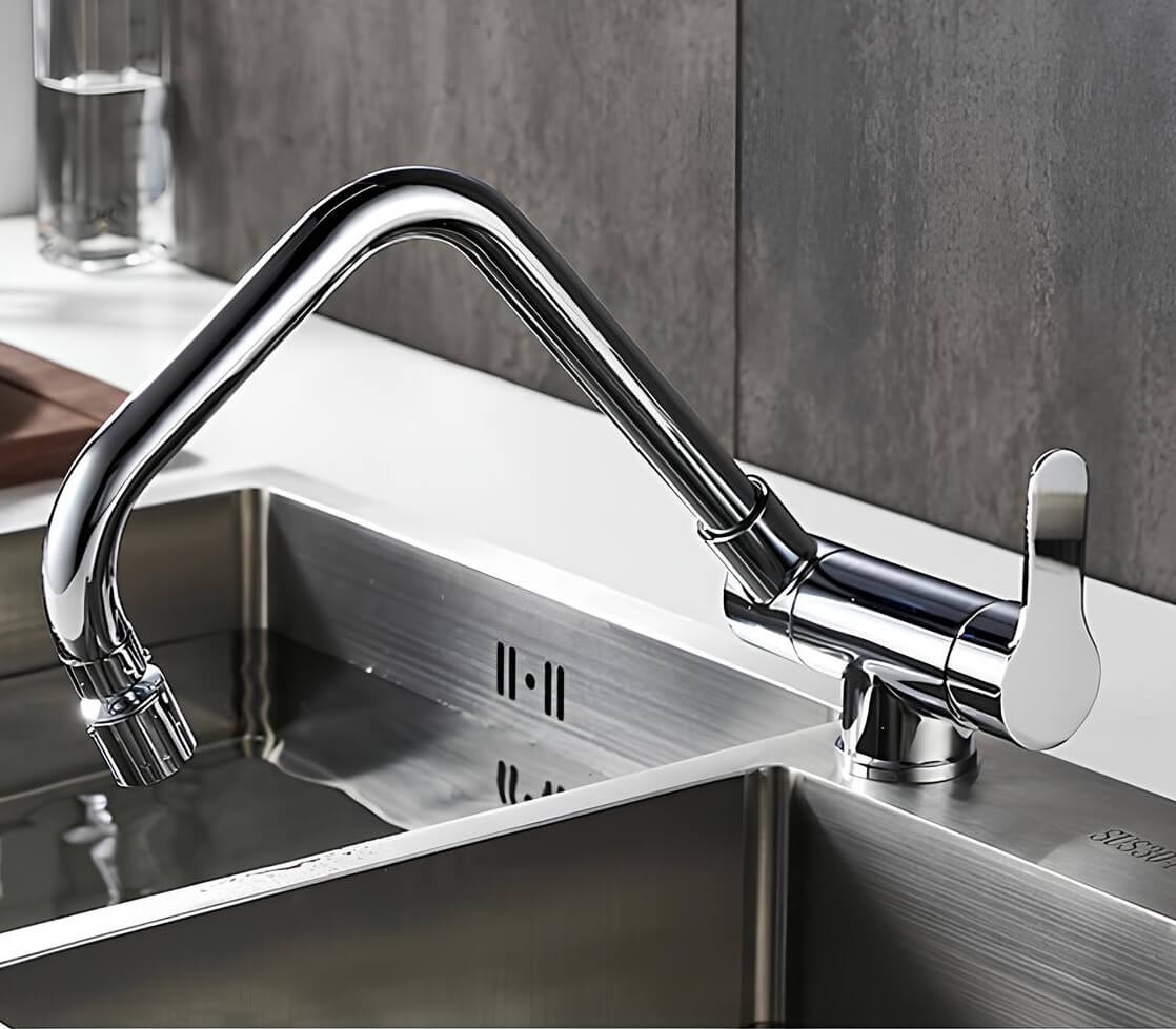 Compact folding kitchen faucet with flexible dual-spray spout
