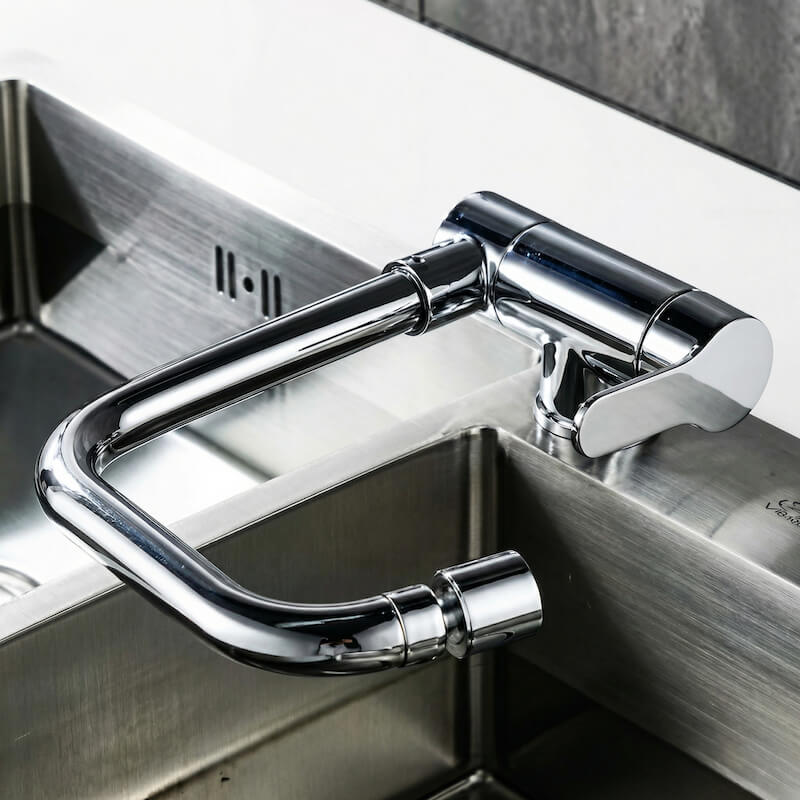 Compact folding kitchen faucet with flexible dual-spray spout