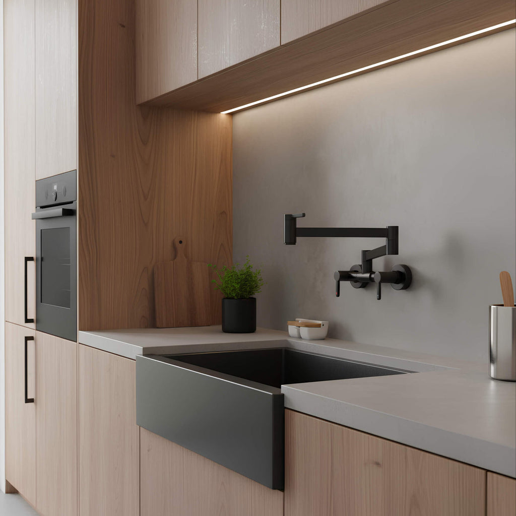 Wall-mount folding kitchen faucet in polished solid brass