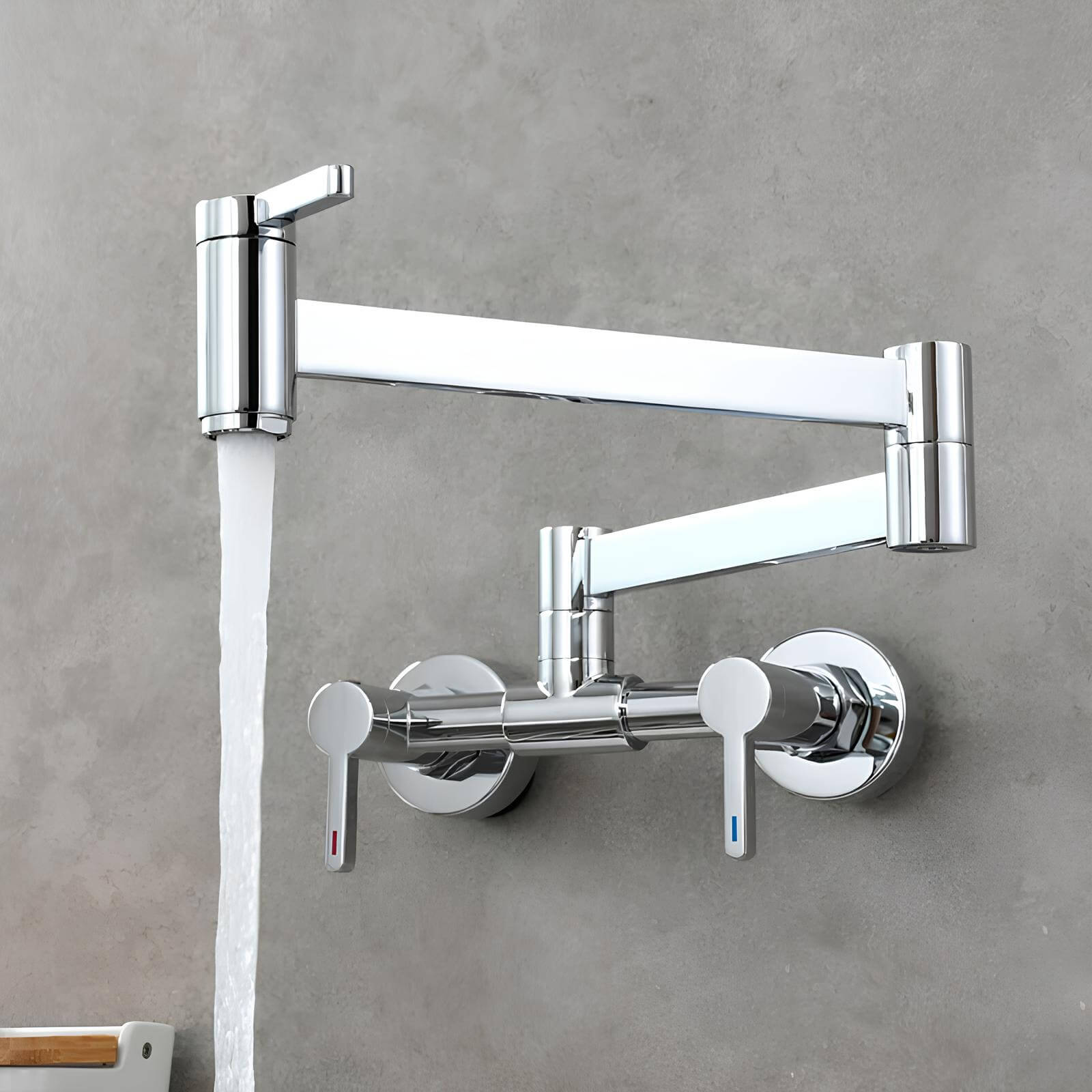 Wall-mount folding kitchen faucet in polished solid brass