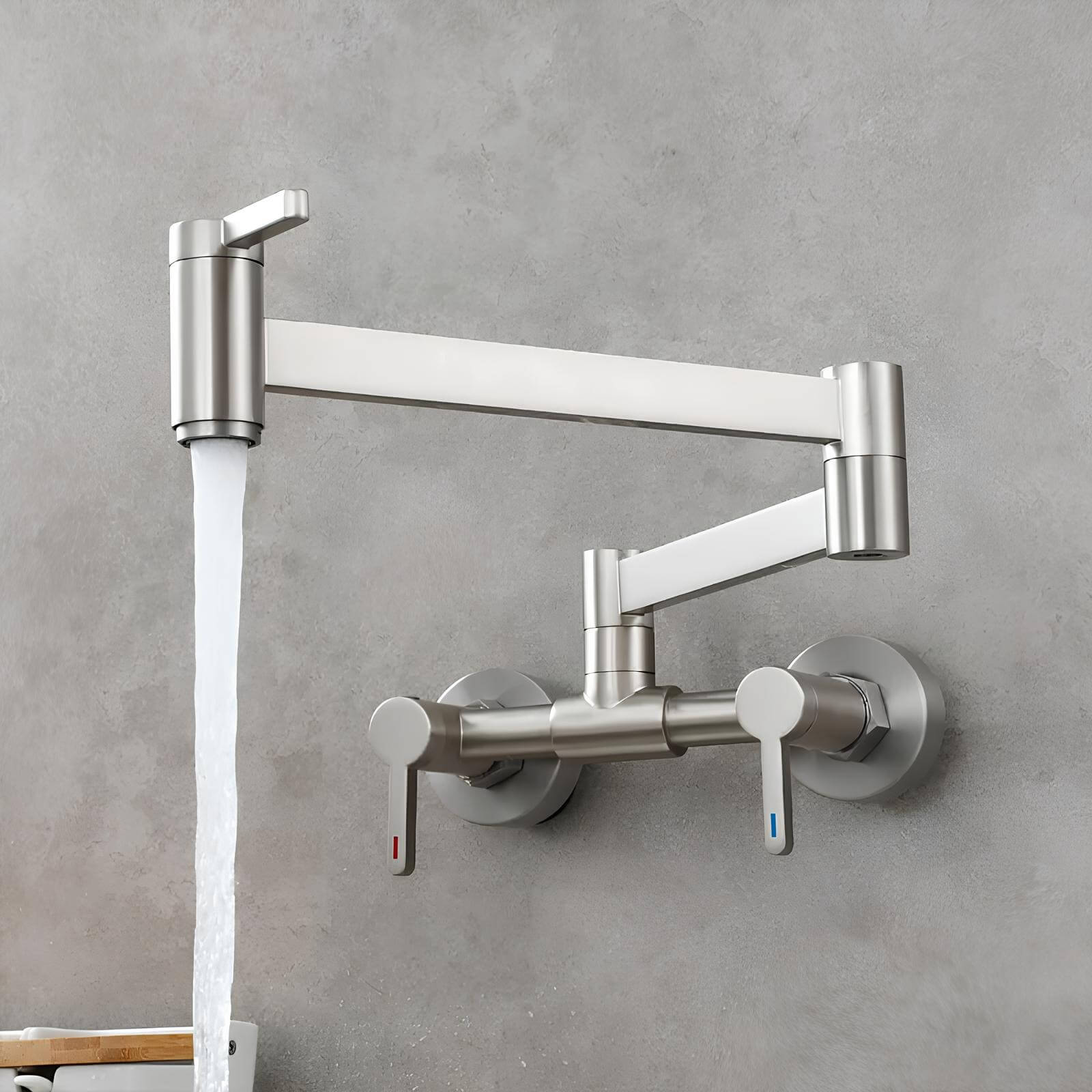 Wall-mount folding kitchen faucet in polished solid brass