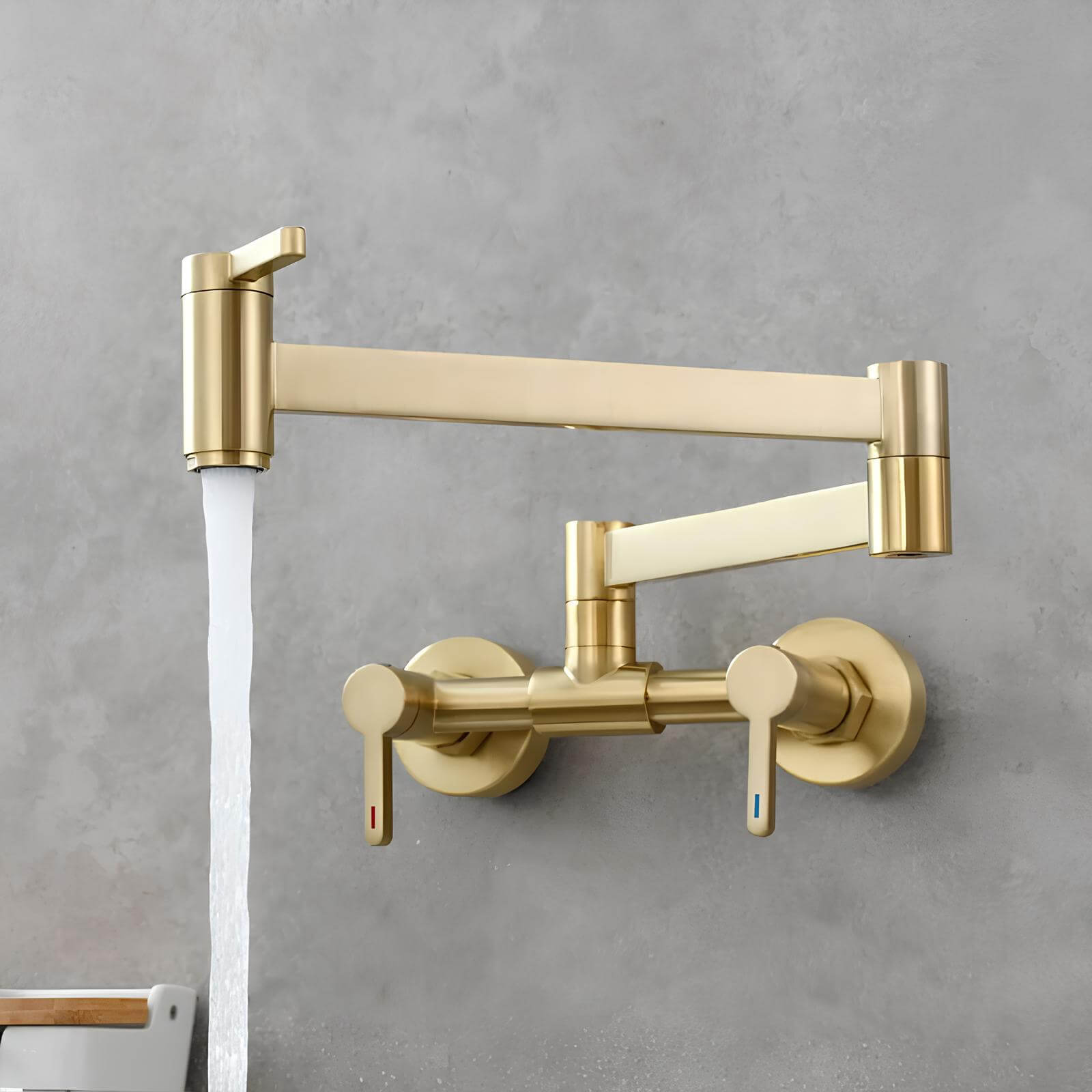 Wall-mount folding kitchen faucet in polished solid brass