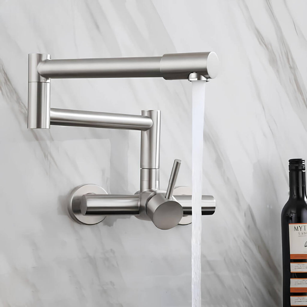 Wall-mount swivel folding kitchen faucet in brushed stainless steel