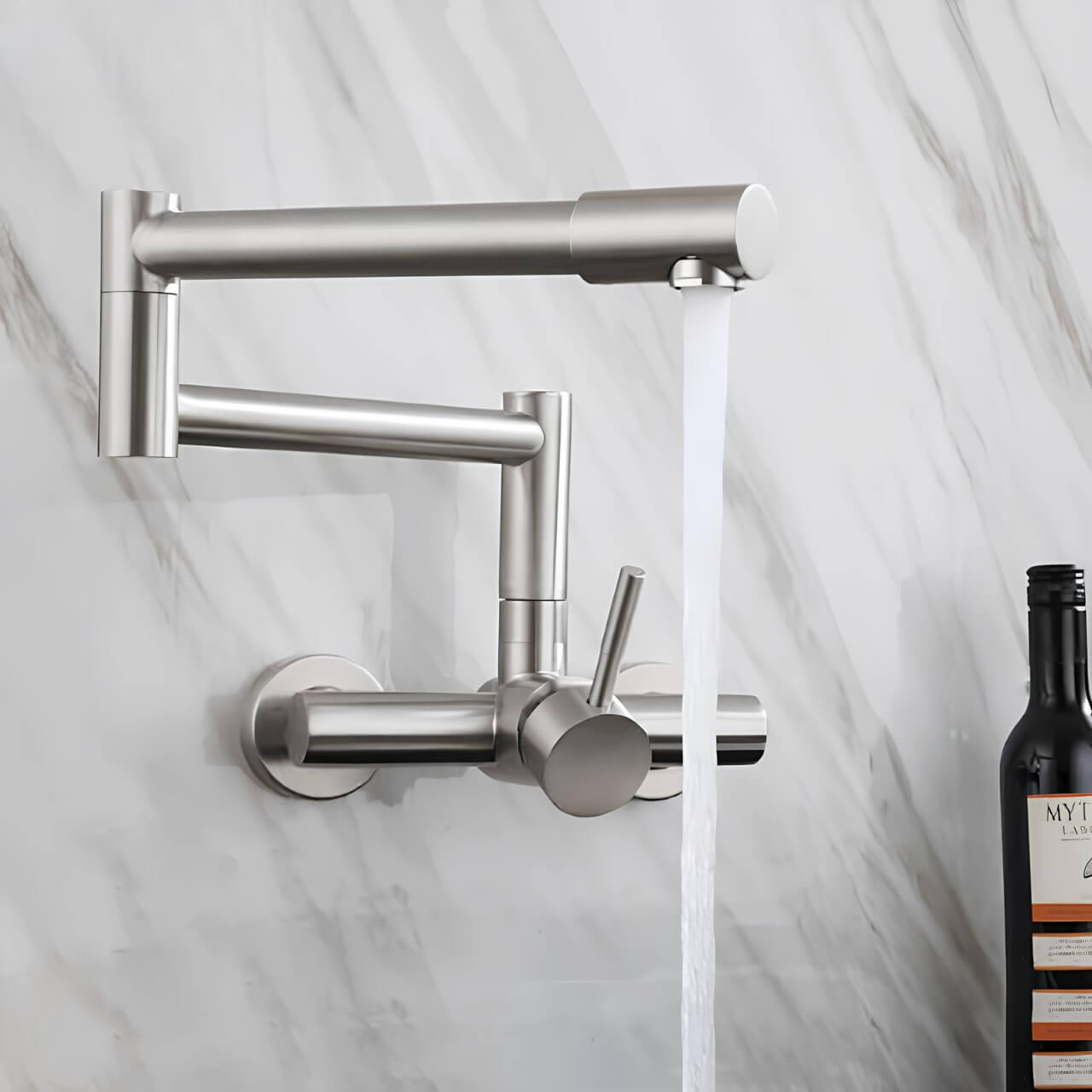 Wall-mount swivel folding kitchen faucet in brushed stainless steel