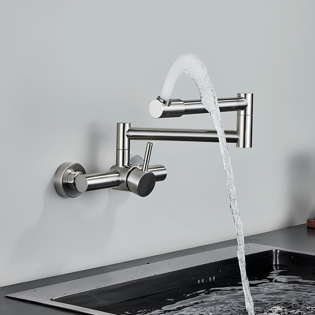 Wall-mount swivel folding kitchen faucet in brushed stainless steel