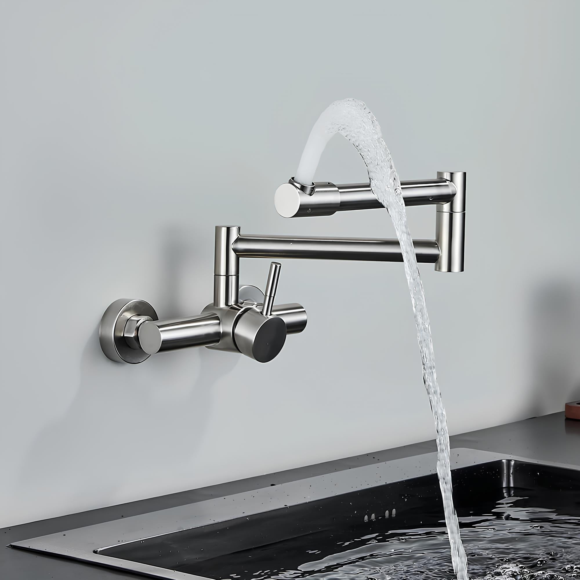 Wall-mount swivel folding kitchen faucet in brushed stainless steel