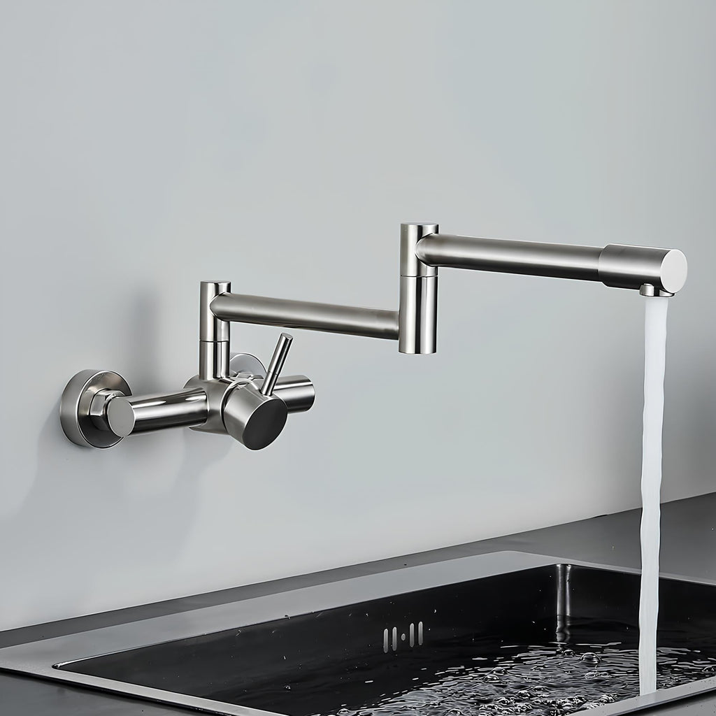 Wall-mount swivel folding kitchen faucet in brushed stainless steel