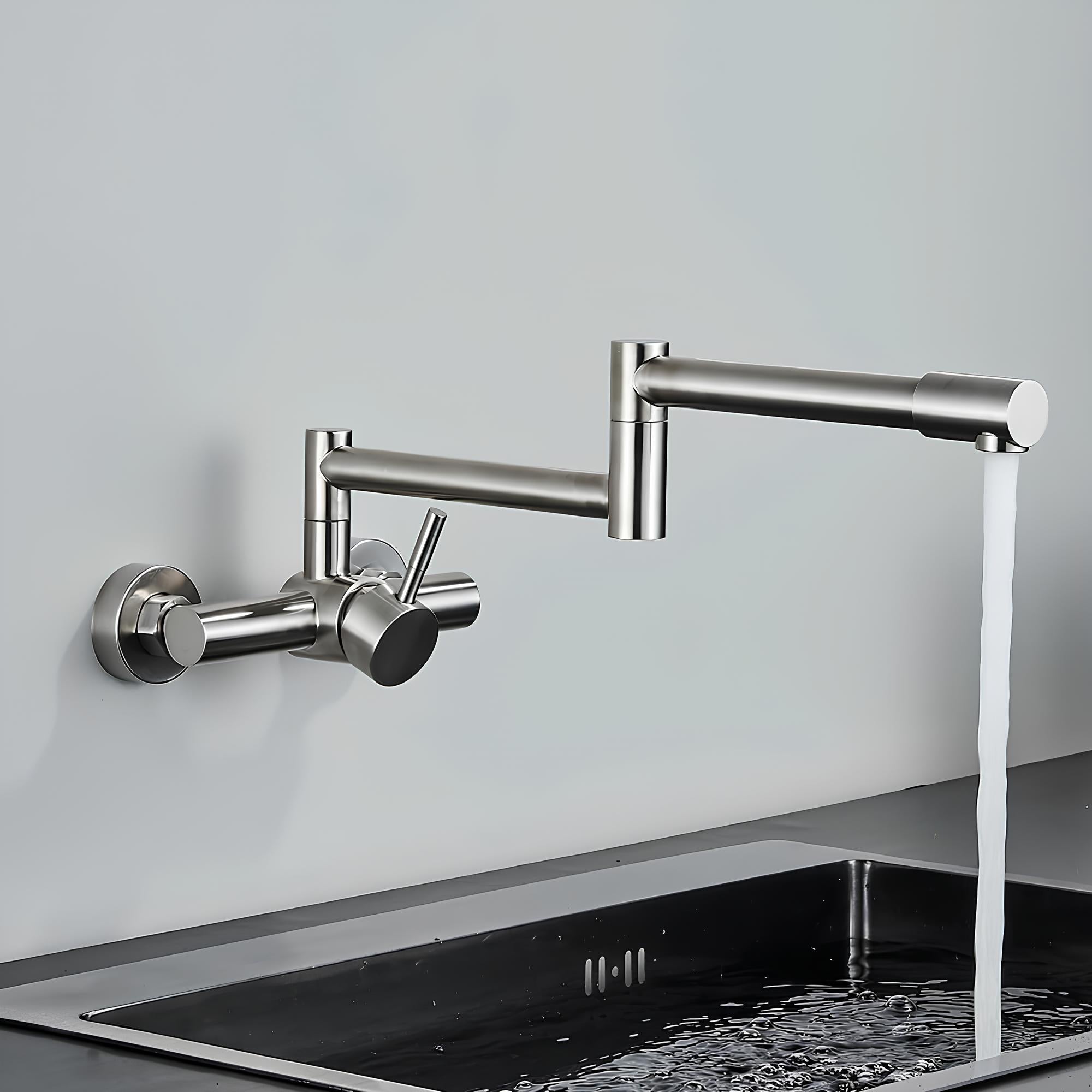 Wall-mount swivel folding kitchen faucet in brushed stainless steel