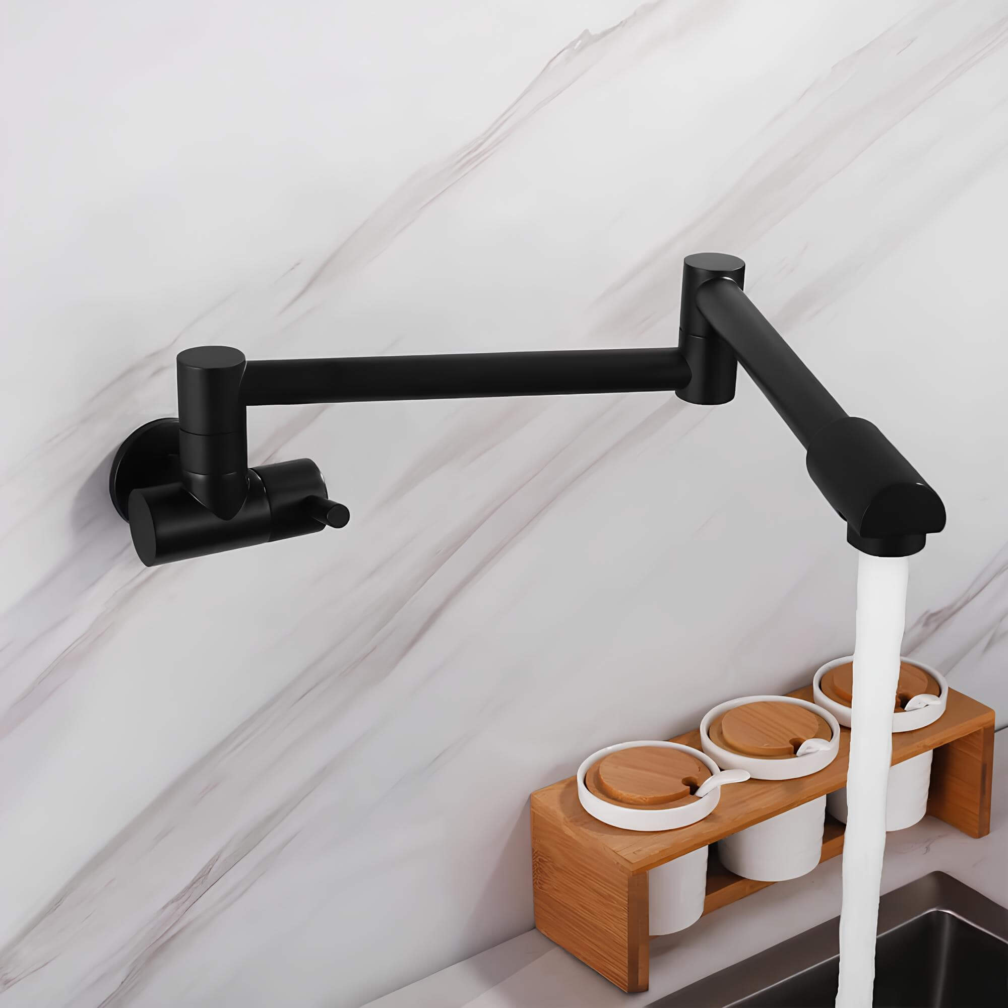 Wall-mount folding cold water faucet in matte black brushed brass